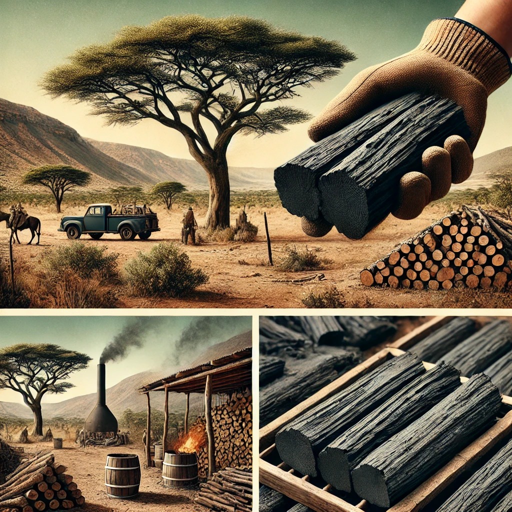 Illustration of Namibian acacia charcoal: acacia trees, kilns and charcoal pieces